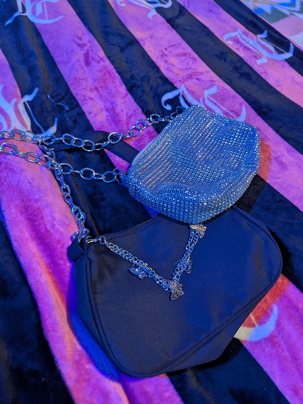 & Other Stories Black Shoulder Bag with Silver Crystal Clutch Set